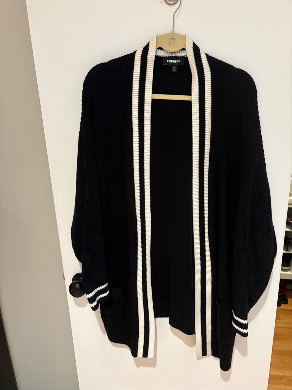 Express Black Cardigan with White Stripe Trim
